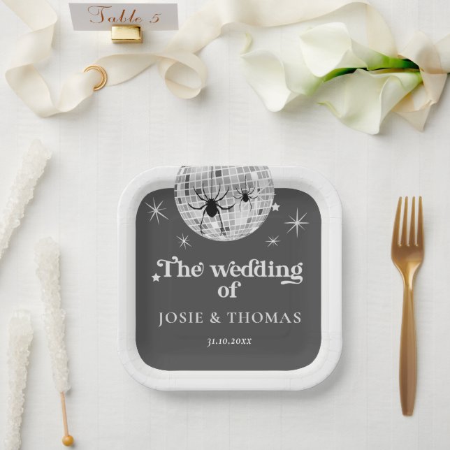 Halloween Retro Disco Spiders & Disco Ball Wedding Paper Plates (Wedding)