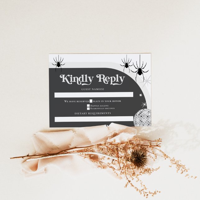 Halloween Retro Disco Spiders & Disco Ball Wedding RSVP Card (Creator Uploaded)