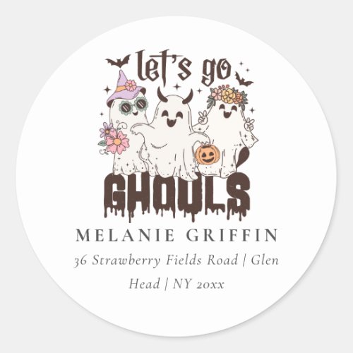 Halloween Retro Ghosts Lets Go Ghouls Address  Classic Round Sticker