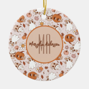 HALLOWEEN RETRO GROOVY PUMPKINS AND GHOSTS CERAMIC ORNAMENT