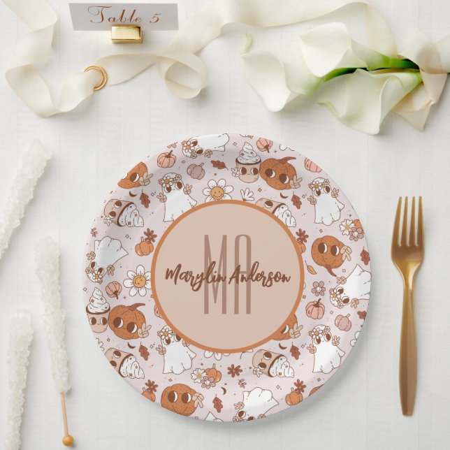 HALLOWEEN RETRO GROOVY PUMPKINS AND GHOSTS PAPER PLATES (Wedding)