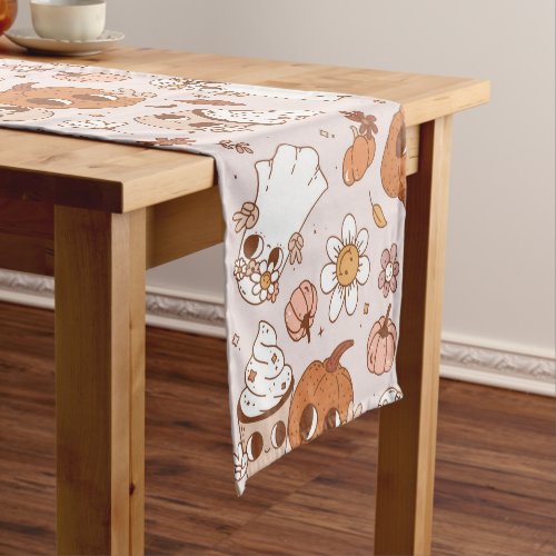 HALLOWEEN RETRO GROOVY PUMPKINS AND GHOSTS SHORT TABLE RUNNER