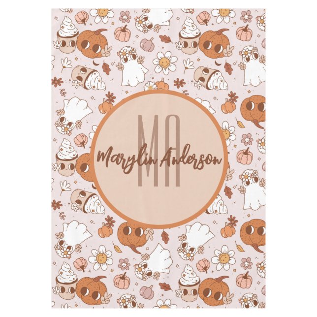 HALLOWEEN RETRO GROOVY PUMPKINS AND GHOSTS TABLECLOTH (Front)