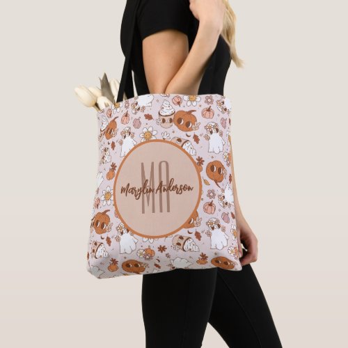 HALLOWEEN RETRO GROOVY PUMPKINS AND GHOSTS TOTE BAG