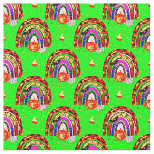 Halloween Retro Leopard Rainbow Pumpkin on Green   Fabric