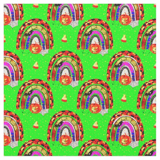 Halloween Retro Leopard Rainbow Pumpkin on Green   Fabric