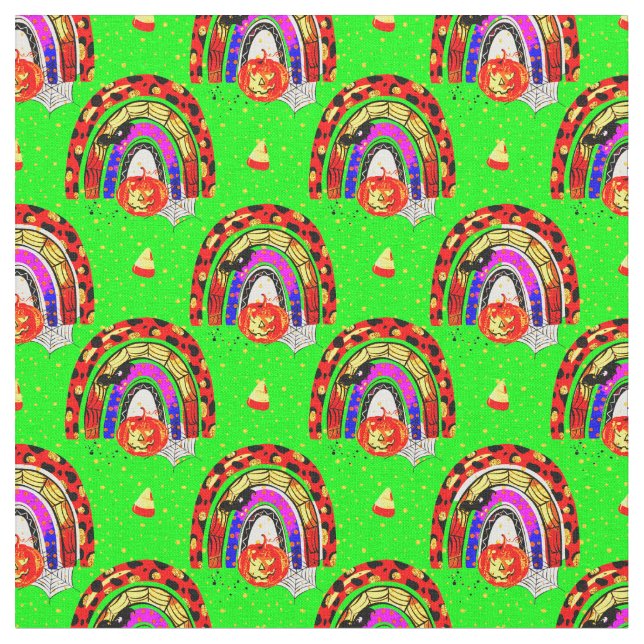 Halloween Retro Leopard Rainbow Pumpkin on Green   Fabric (Close Up)