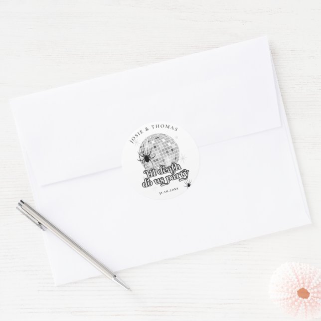 Halloween Retro Spiders & Disco Ball Wedding Classic Round Sticker (Envelope)
