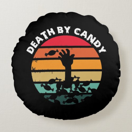 Halloween Retro Sunset Death By Candy Zombie Round Pillow