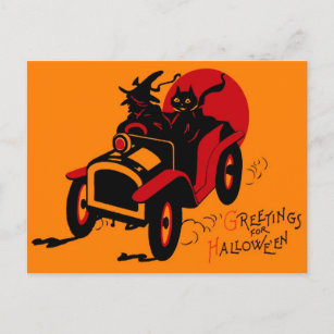 Halloween Retro Vintage Kitsch Jalopy Witch & Cat Postcard
