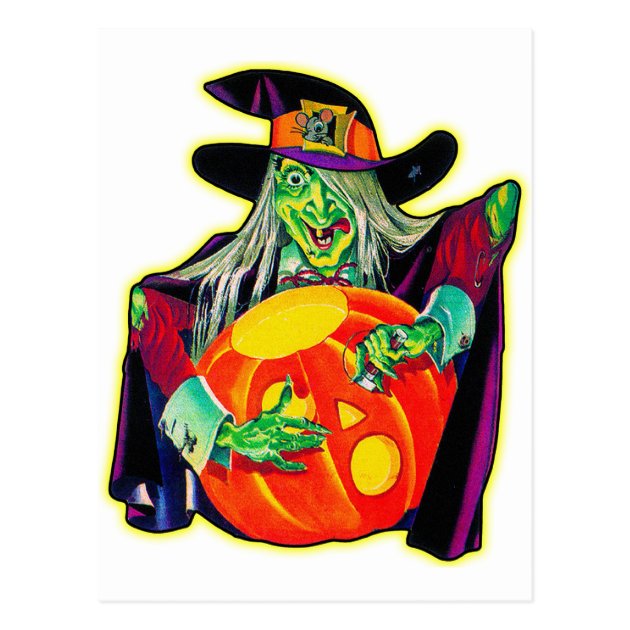 Halloween Retro Vintage Pumpkin Carving Witch Postcard