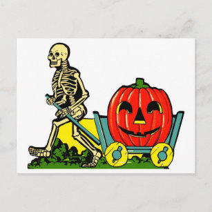 Halloween Retro Vintage Skeleton & Pumpkin Cart Postcard
