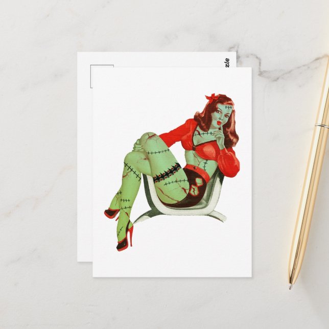 Halloween Retro Zombie Pinup Lady Postcard (Front/Back In Situ)