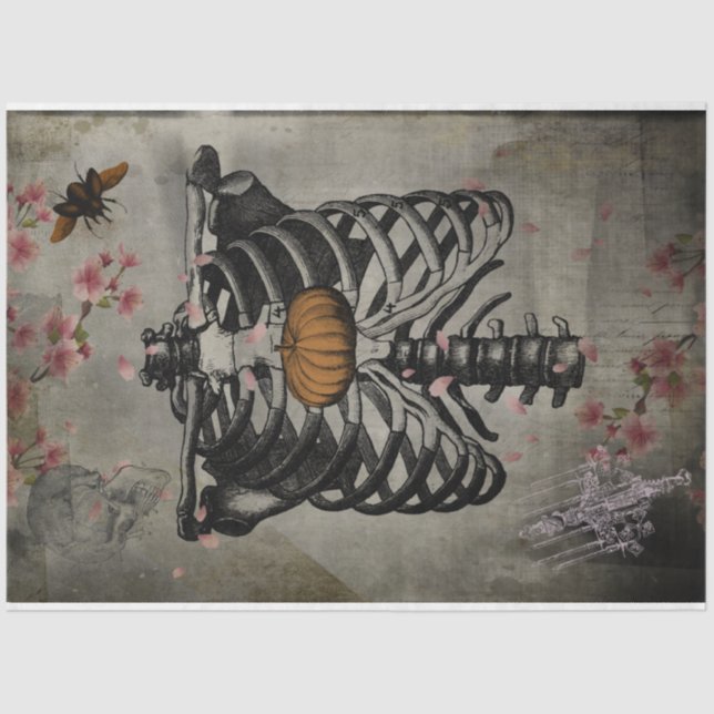 Halloween Rib Cage Pumpkin Heart Floral Ephemera Tissue Paper (Front)