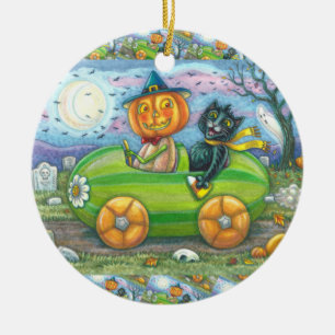 HALLOWEEN ROAD TRIP, JACK AND BLACK CAT FRIENDS CERAMIC ORNAMENT