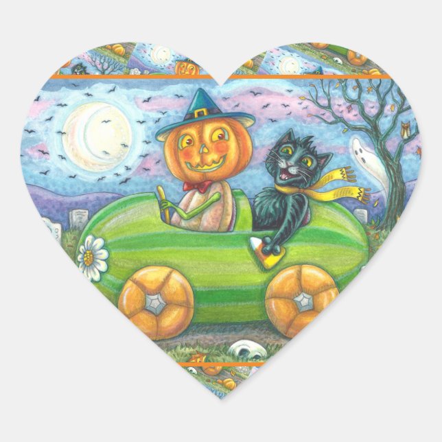 HALLOWEEN ROAD TRIP, JACK AND BLACK CAT FRIENDS HEART STICKER (Front)