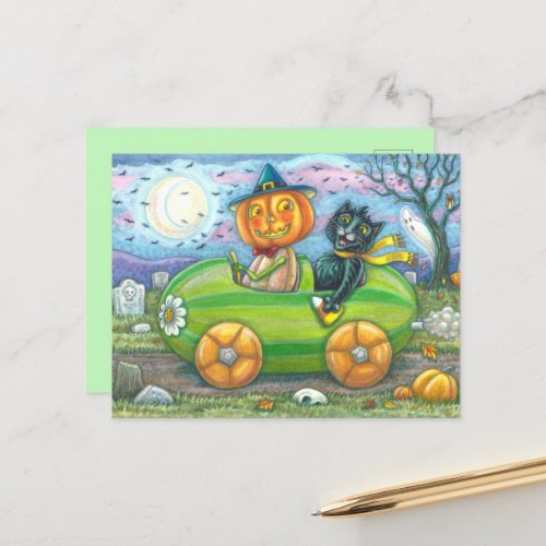 HALLOWEEN ROAD TRIP JACK AND BLACK CAT FRIENDS HOLIDAY POSTCARD