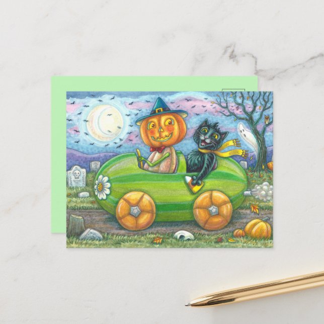 HALLOWEEN ROAD TRIP, JACK AND BLACK CAT FRIENDS HOLIDAY POSTCARD (Front/Back In Situ)