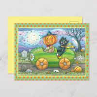 HALLOWEEN ROAD TRIP, JACK AND BLACK CAT FRIENDS HOLIDAY POSTCARD