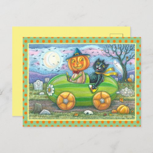 HALLOWEEN ROAD TRIP JACK AND BLACK CAT FRIENDS HOLIDAY POSTCARD