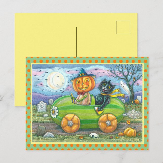 HALLOWEEN ROAD TRIP, JACK AND BLACK CAT FRIENDS HOLIDAY POSTCARD (Front/Back)