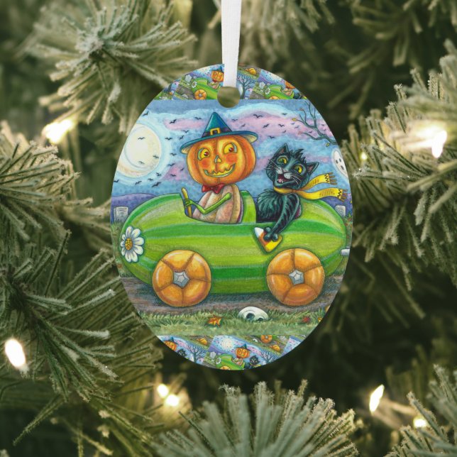 HALLOWEEN ROAD TRIP, JACK AND BLACK CAT FRIENDS METAL ORNAMENT (Insitu)