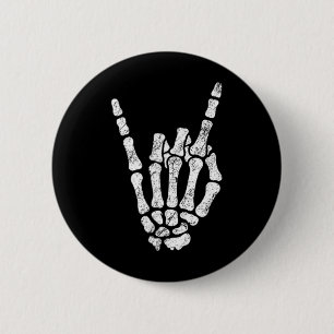 Halloween Rock Hand Sign Skeleton Rock N Roll Symb Button