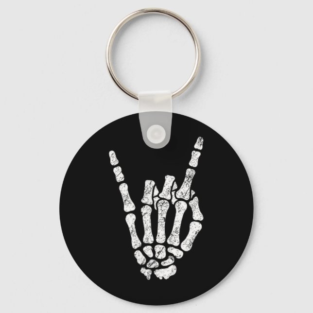 Halloween Rock Hand Sign Skeleton Rock N Roll Symb Keychain (Front)