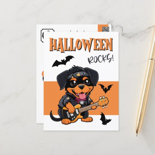 Halloween Rocks Rottweiler Cartoon Playing Guitar  Postcard