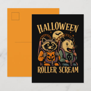 Halloween Roller Scream Raccoon and Opossum Invitation Postcard