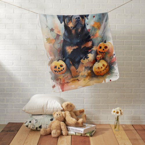 Halloween Rottweiler With Pumpkins Scary Baby Blanket
