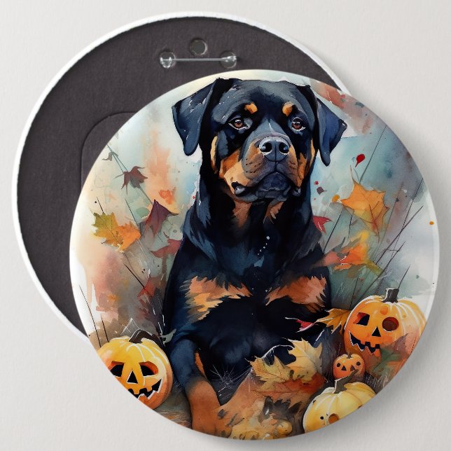 Halloween Rottweiler With Pumpkins Scary Button (Front & Back)