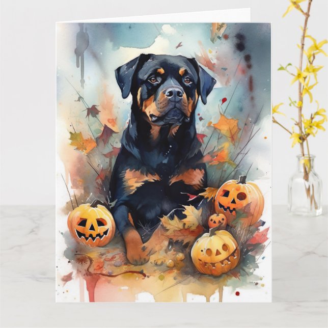 Halloween Rottweiler With Pumpkins Scary Card (Yellow Flower)