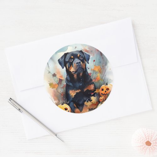 Halloween Rottweiler With Pumpkins Scary Classic Round Sticker