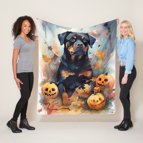 Halloween Rottweiler With Pumpkins Scary Fleece Blanket