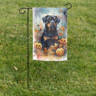 Halloween Rottweiler With Pumpkins Scary Garden Flag