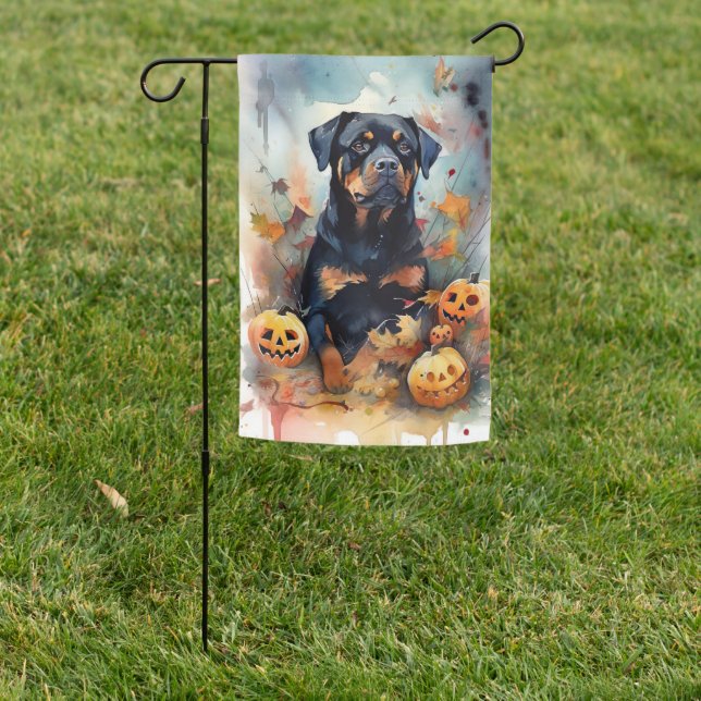 Halloween Rottweiler With Pumpkins Scary  Garden Flag (In SItu)