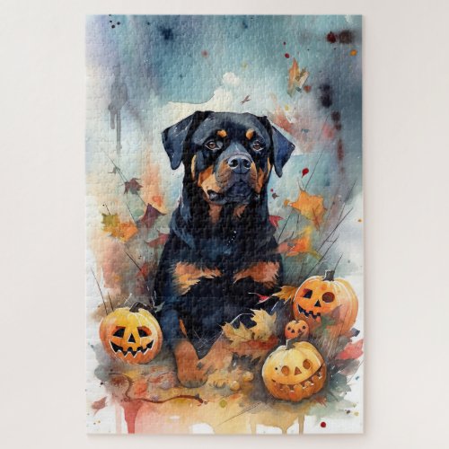 Halloween Rottweiler With Pumpkins Scary Jigsaw Puzzle