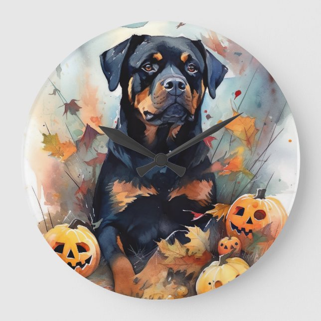Halloween Rottweiler With Pumpkins Scary Large Clock (Front)