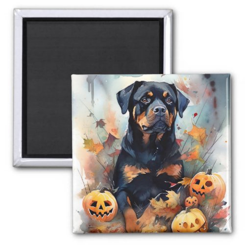 Halloween Rottweiler With Pumpkins Scary Magnet
