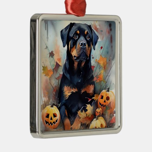 Halloween Rottweiler With Pumpkins Scary Metal Ornament