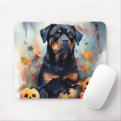 Halloween Rottweiler With Pumpkins Scary Mouse Pad