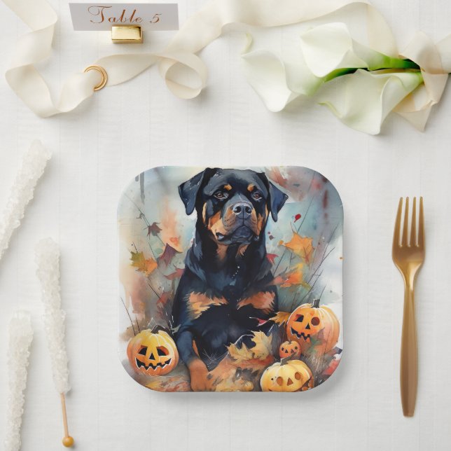 Halloween Rottweiler With Pumpkins Scary Paper Plates (Wedding)