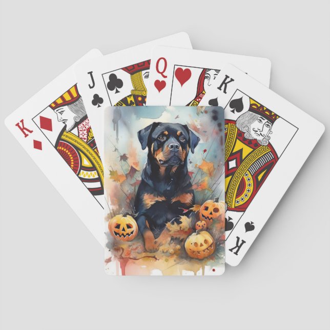 Halloween Rottweiler With Pumpkins Scary Poker Cards (Back)