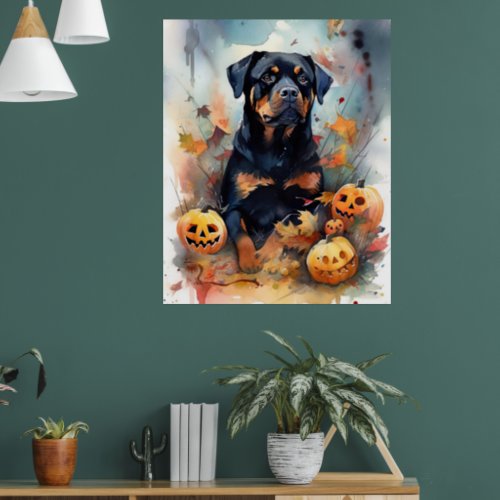 Halloween Rottweiler With Pumpkins Scary Poster