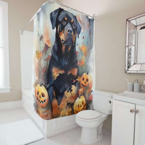 Halloween Rottweiler With Pumpkins Scary Shower Curtain