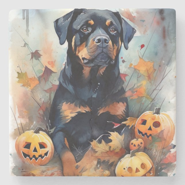 Halloween Rottweiler With Pumpkins Scary Stone Coaster (Front)
