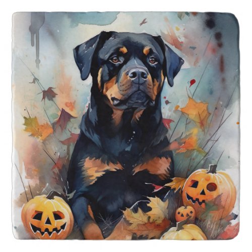 Halloween Rottweiler With Pumpkins Scary Trivet