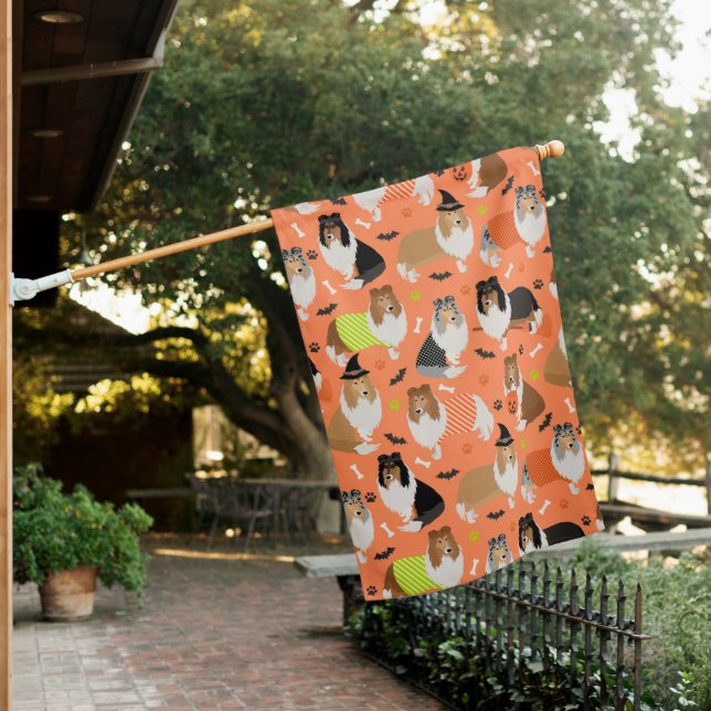 Halloween Rough Collie House Flag (In SItu)
