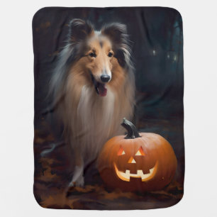Halloween Rough Collie With Pumpkins Scary Baby Blanket